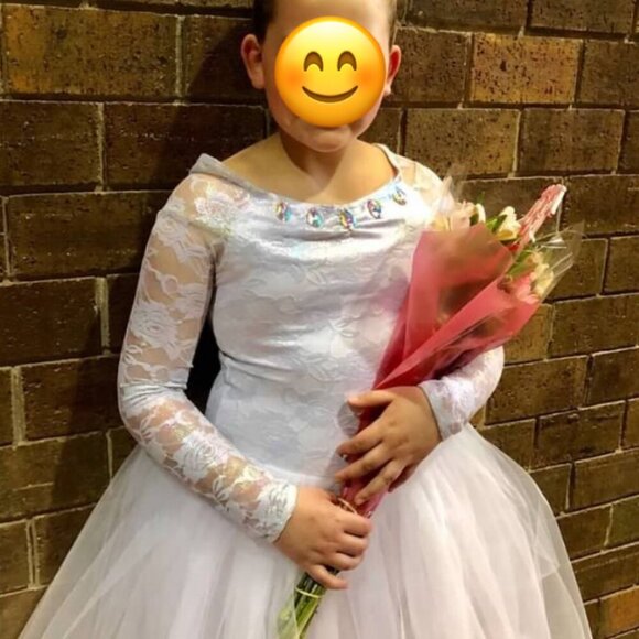 White/Silver ballet costume with long tulle skirt - Picture 1 of 5